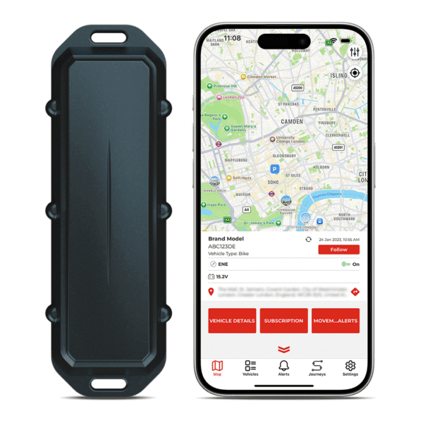 The Datatool Quantum next to a mobile phoone with the Datatool App.